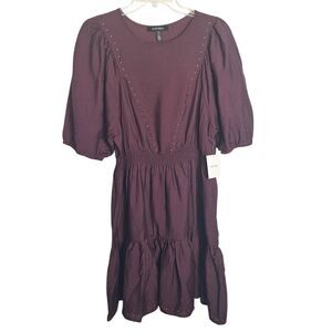 Ellen Tracy Tiered Midi Dress Puff Sleeve Wine Large Womens